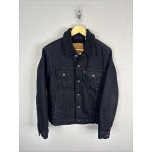 Levi’s Premium Sherpa Trucker Jacket Mens Small Black Denim Faux Fur Lined